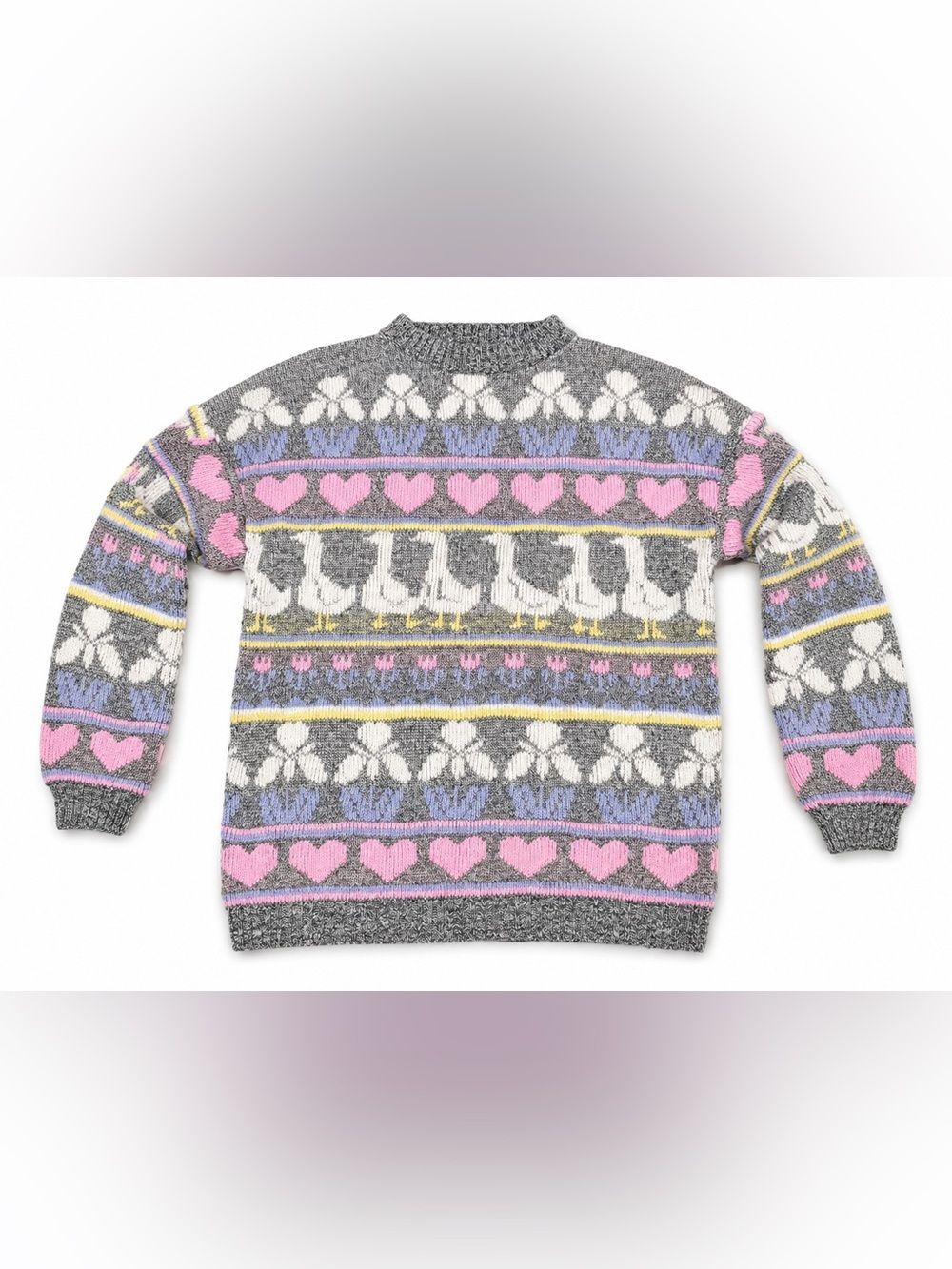 Vintage Nan Dorsey Gray Fair Isle Heart Bird Knit Sweater USA Women’s Medium